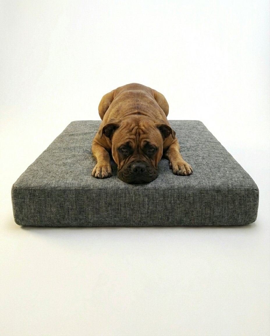 memory foam orthopedic dog bed in living room with plush cover