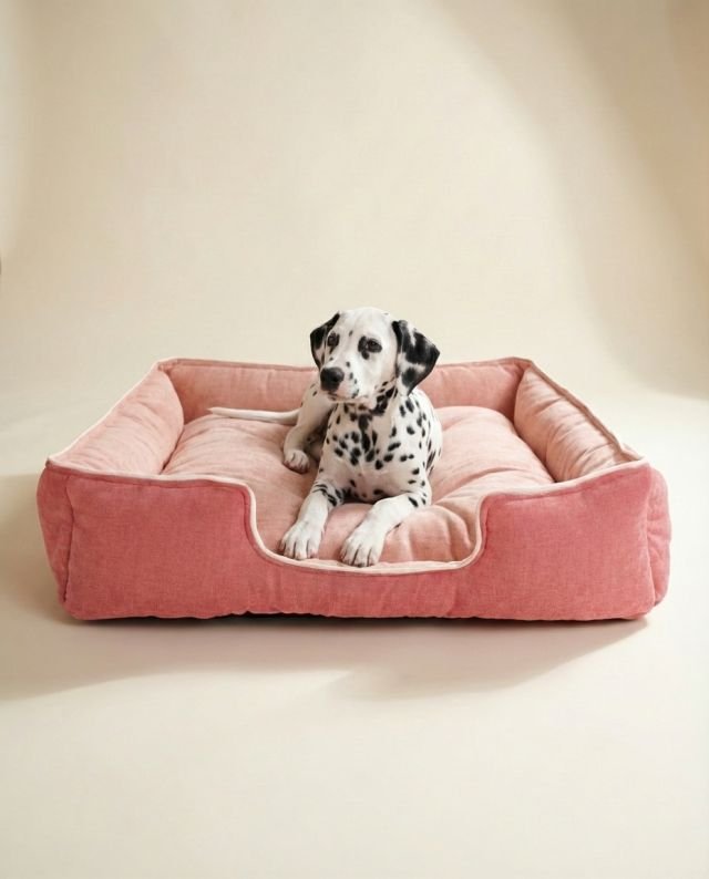 small dog using side bolsters as armrests in lounger dog bed